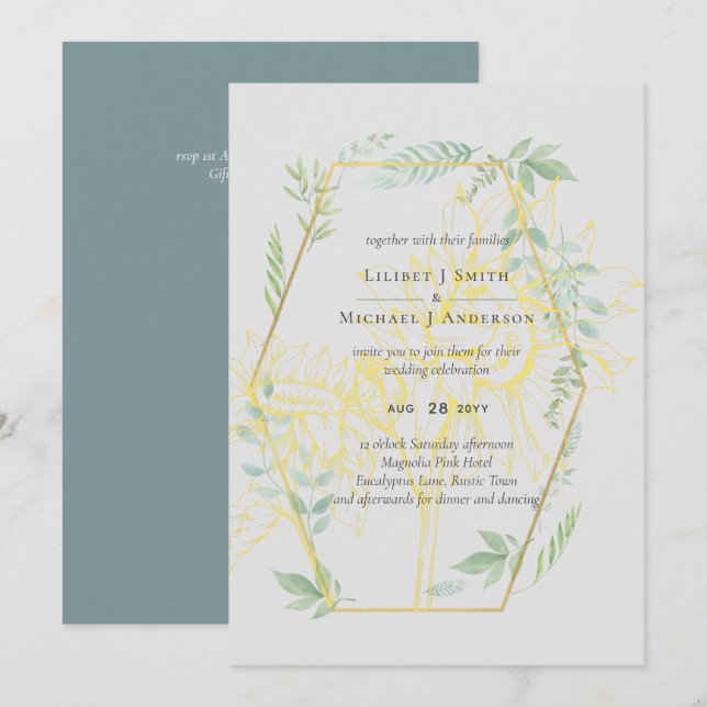 Modern Sunflowers Greenery Sage Gold Wedding (Front/Back)