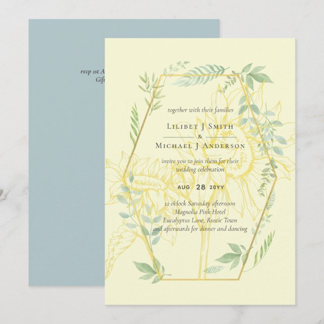 Modern Sunflowers Greenery Sage Gold Wedding (Front/Back)