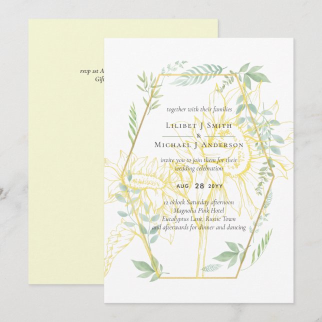 Modern Sunflowers Greenery Sage Gold Wedding (Front/Back)