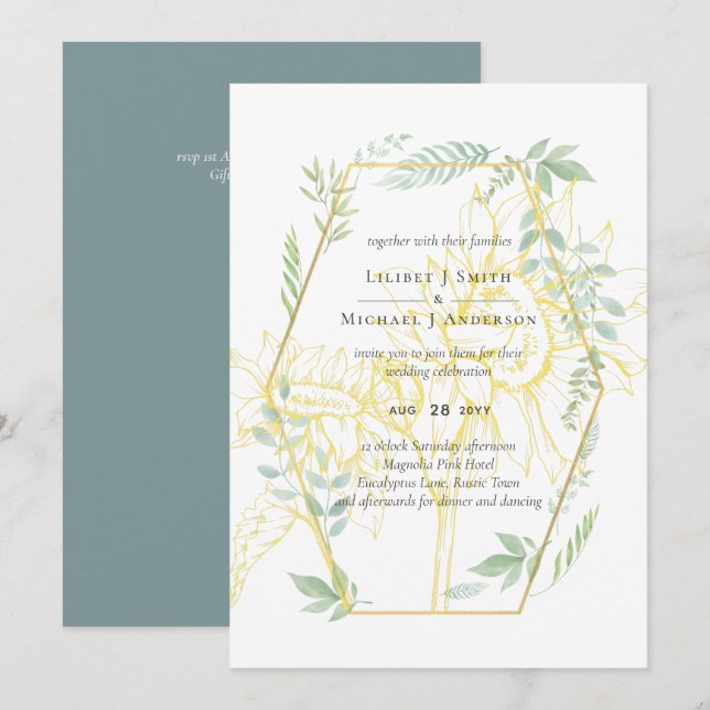 Modern Sunflowers Greenery Sage Gold Wedding (Front/Back)