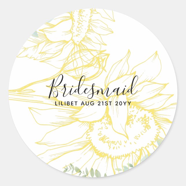 Modern Sunflowers Greenery Sage Gold Wedding Classic Round Sticker (Front)