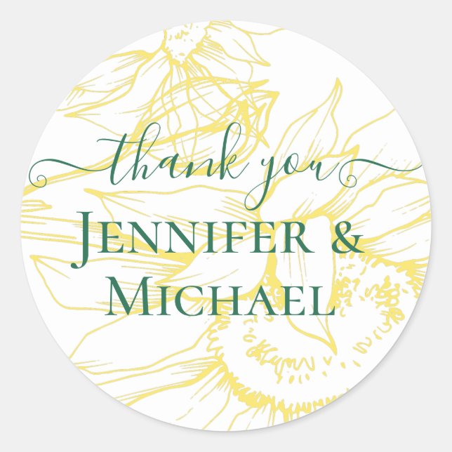 Modern Sunflowers Greenery Sage Gold Wedding Classic Round Sticker (Front)