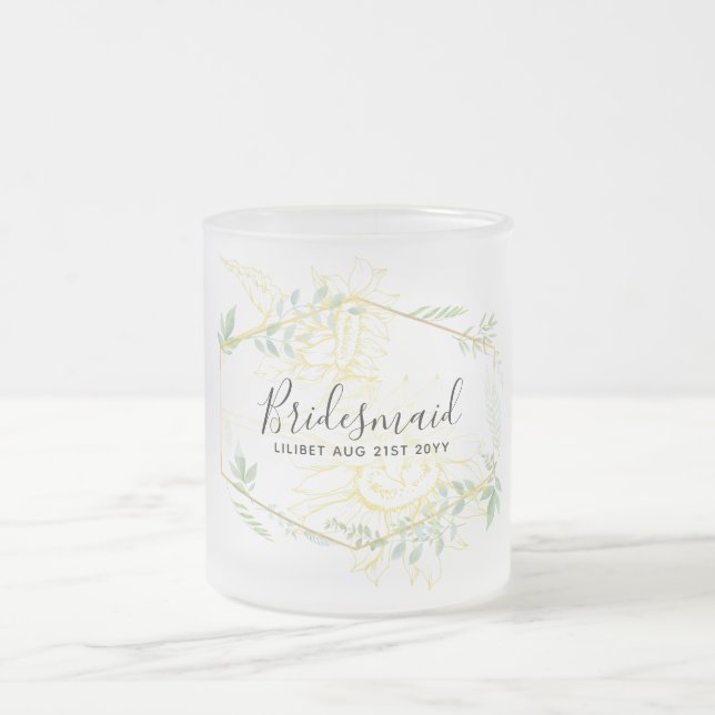 Modern Sunflowers Greenery Sage Gold Wedding Frosted Glass Coffee Mug (Center)