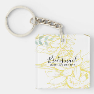 Modern Sunflowers Greenery Sage Gold Wedding Key Ring