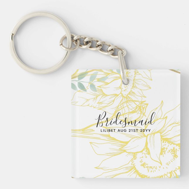 Modern Sunflowers Greenery Sage Gold Wedding Key Ring (Front)