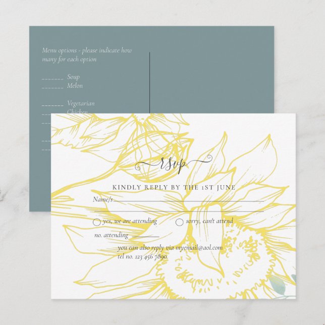 Modern Sunflowers Greenery Sage Gold Wedding Postcard (Front/Back)