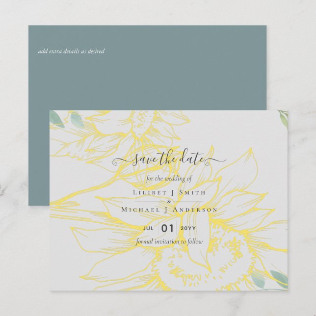 Modern Sunflowers Greenery Sage Gold Wedding Postcard (Front/Back)