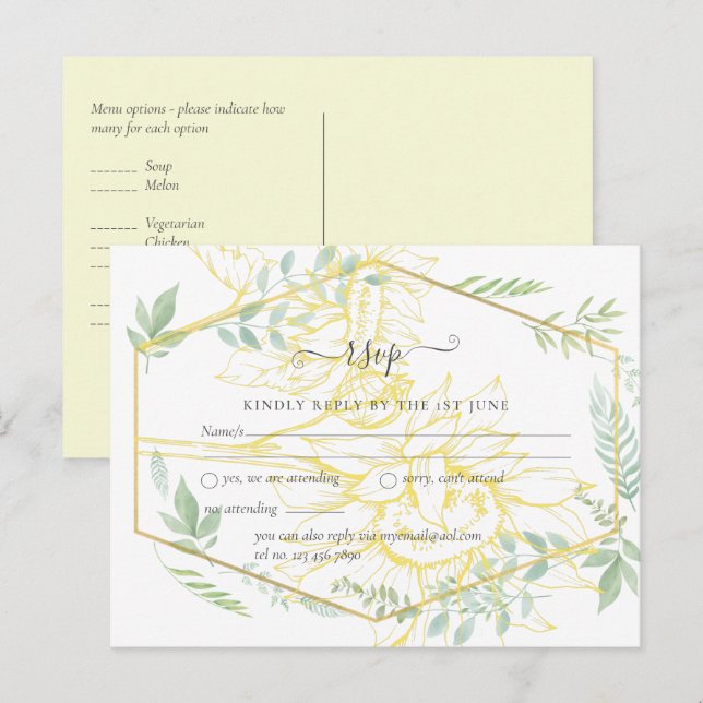 Modern Sunflowers Greenery Sage Gold Wedding Postcard (Front/Back)