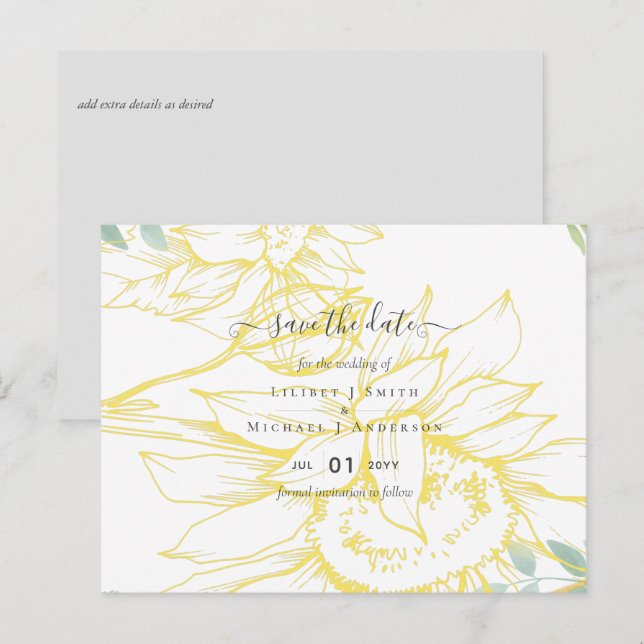 Modern Sunflowers Greenery Sage Gold Wedding Postcard (Front/Back)