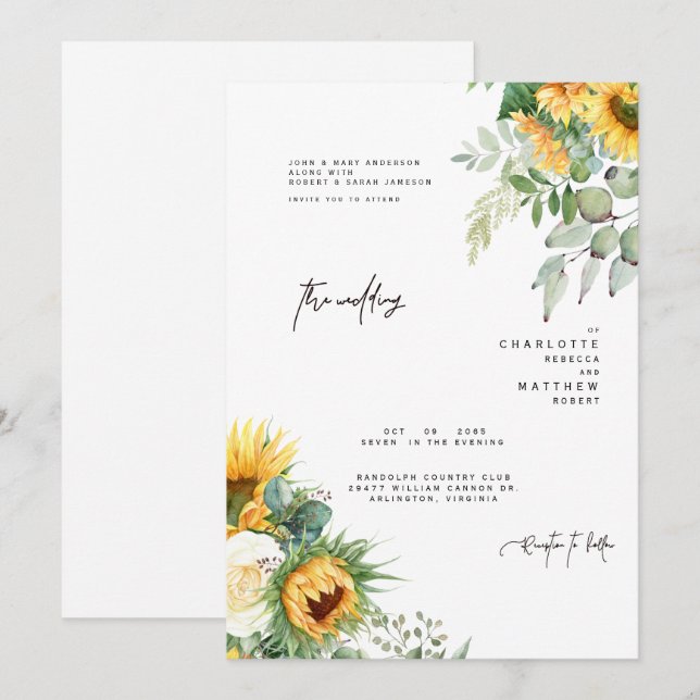 Modern Sunflowers In Bloom Greenery  Invitation (Front/Back)