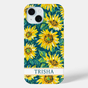 Modern Sunflowers Monogrammed iPhone 15 Case