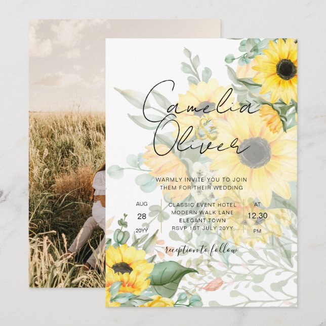 Modern Sunflowers Photo Wedding Invitation (Front/Back)