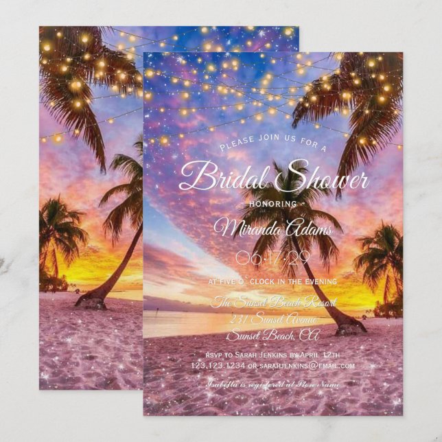 Modern Sunset Beach and Stars Summer Bridal Shower Invitation (Front/Back)