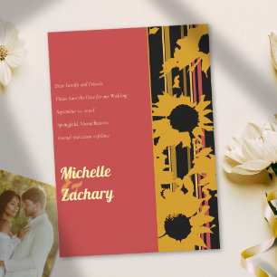 Modern Sunset Coral Sunflower Wedding Save The Date