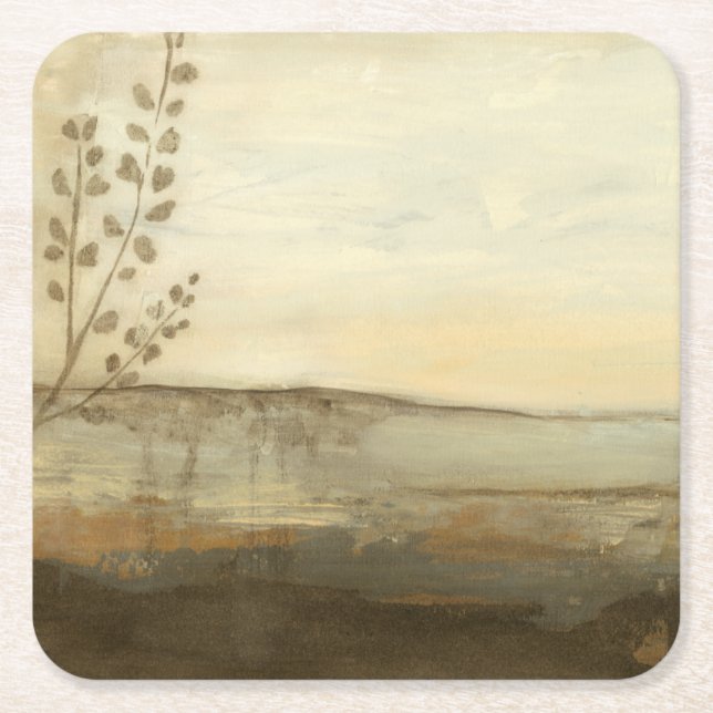 Modern Sunset Landscape Oil Painting Square Paper Coaster (Front)