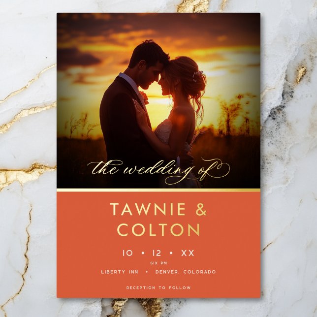 Modern Sunset Orange Script Photo Minimal Wedding (Modern Sunset Orange Script Photo Wedding Invitation)