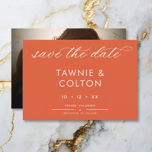Modern Sunset Orange Script Photo Minimal Wedding Save The Date