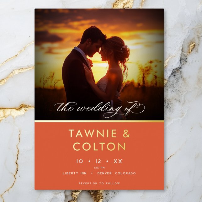 Modern Sunset Orange Script Photo Wedding Invitation (Modern Sunset Orange Script Photo Wedding Invitation)