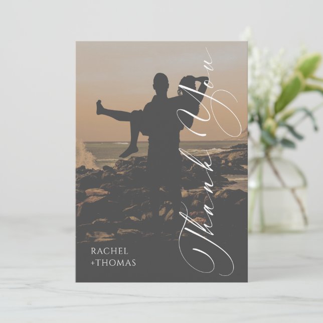 Modern Sunset Silhouette Wedding Thank You Card (Standing Front)