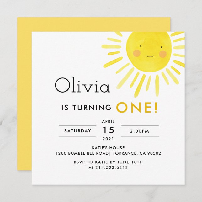 Modern Sunshine 1st Birthday Party Invitation (Front/Back)