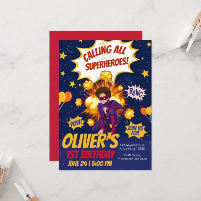 Modern, Superhero boy birthday  Invitation (Front/Back In Situ)