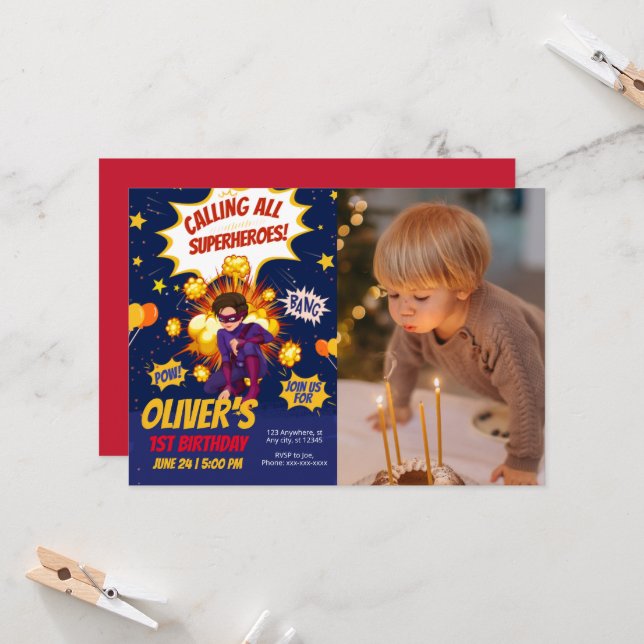 Modern, Superhero boy photo birthday  Invitation (Front/Back In Situ)
