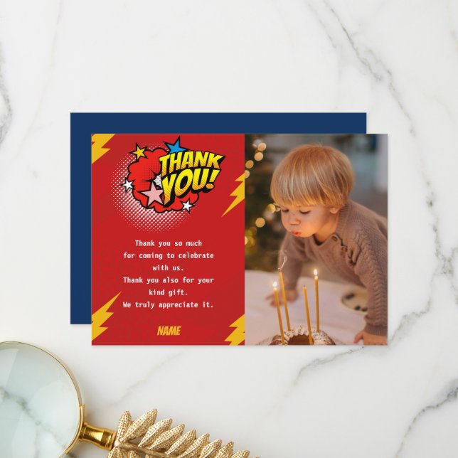 Modern, Superhero boy photo birthday  Thank You Card (Front/Back In Situ)
