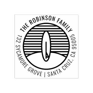 Modern Surfboard Drawing Family Return Address Rubber Stamp