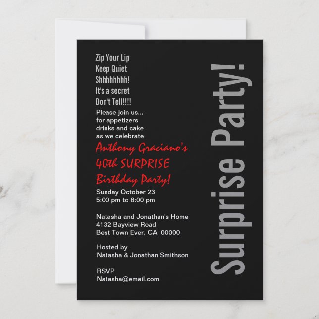 Modern SURPRISE 40th Birthday Black Red Metallic Invitation (Front)
