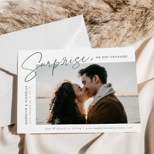 Modern Surprise Dark Sage Script Photo Engagement Announcement