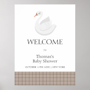 Modern Swan Plaid Gingham Boy Baby Shower Welcome  Poster