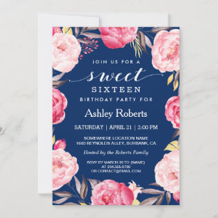 Modern Sweet 16 Birthday Navy Blue Floral Wreath Invitation