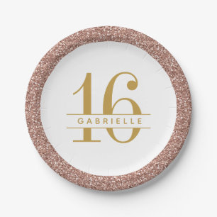 Modern Sweet 16 Birthday Rose Gold Pink Glitter Paper Plate