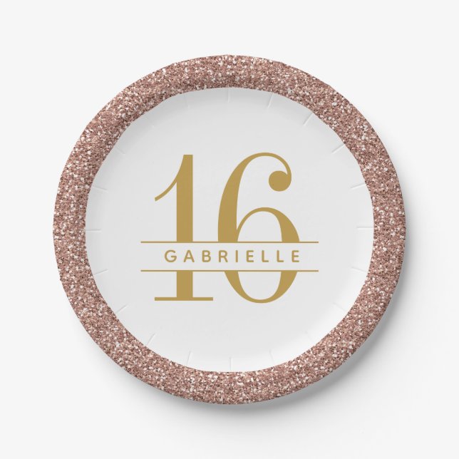 Modern Sweet 16 Birthday Rose Gold Pink Glitter Paper Plate (Front)