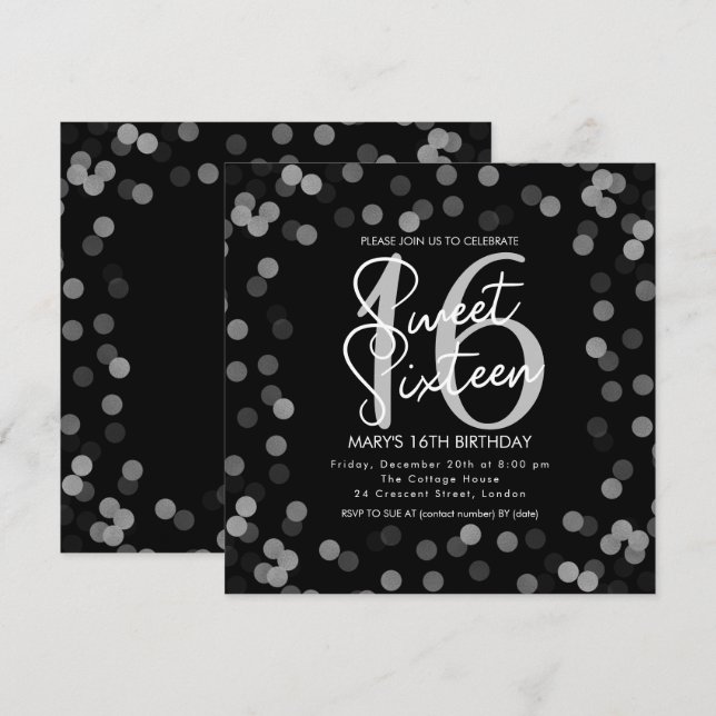 MODERN Sweet 16 Birthday Silver Chic Glitter Black Invitation (Front/Back)