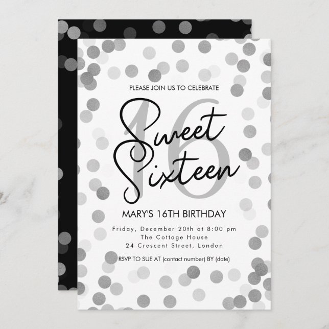 MODERN Sweet 16 Birthday Silver Chic Glitter Invitation (Front/Back)