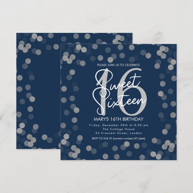 MODERN Sweet 16 Birthday Silver Chic Glitter Navy  Invitation (Front/Back)