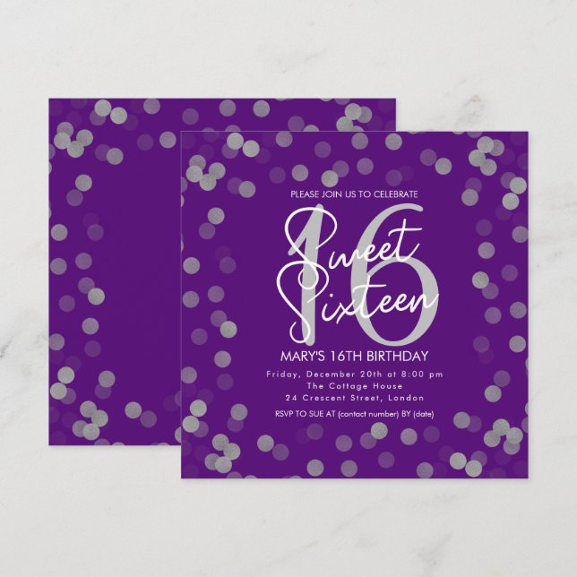MODERN Sweet 16 Birthday Silver Glitter Purple Invitation (Front/Back)