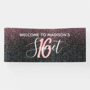 Modern Sweet 16 Black Blush Pink Glitter Name Banner