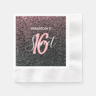 Modern Sweet 16 Black Blush Pink Specks Name Napkin