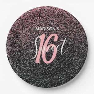 Modern Sweet 16 Black Blush Pink Specks Name Paper Plate