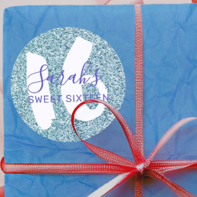 Modern Sweet 16 Blue Sparkling Glitter Birthday Classic Round Sticker (Creator Uploaded)