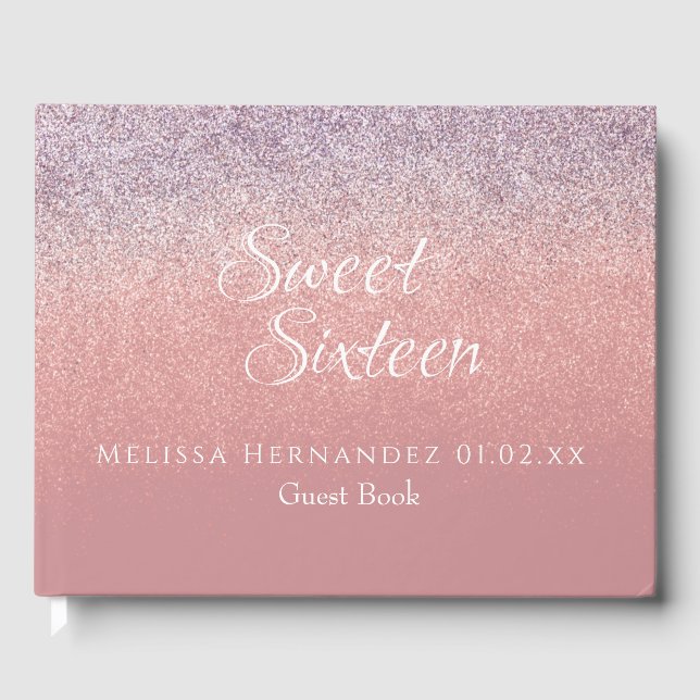 Modern Sweet 16 Blush Pink Glitter Ombré Birthday Guest Book (Front)