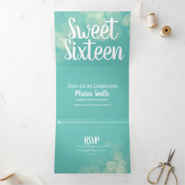 Modern Sweet 16 Bokeh Lights Photography Tri-Fold Invitation (Inside)