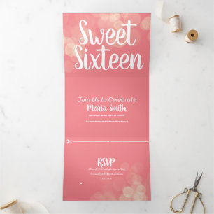 Modern Sweet 16 Bokeh Lights Photography Tri-Fold Invitation