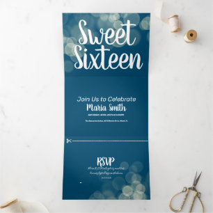 Modern Sweet 16 Bokeh Lights Photography Tri-Fold Invitation