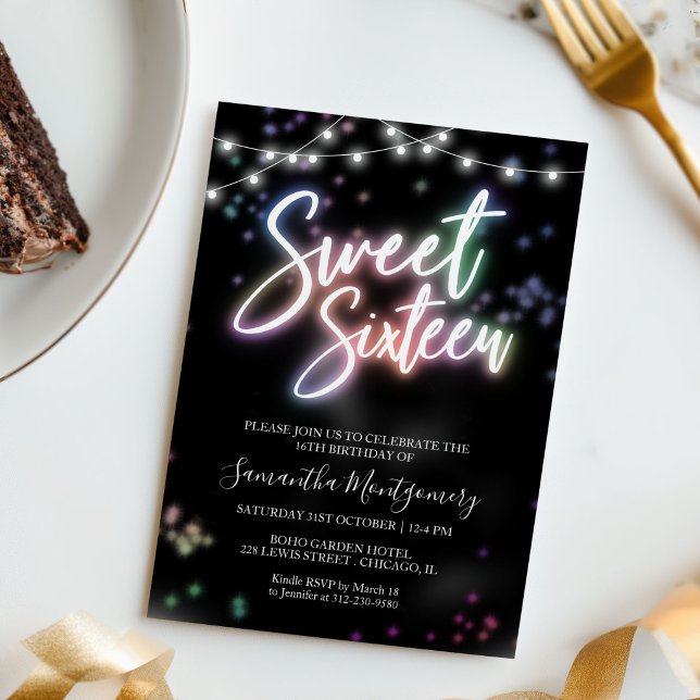 Modern Sweet 16 Colourful Neon Glow Party Invite (Creator Uploaded)
