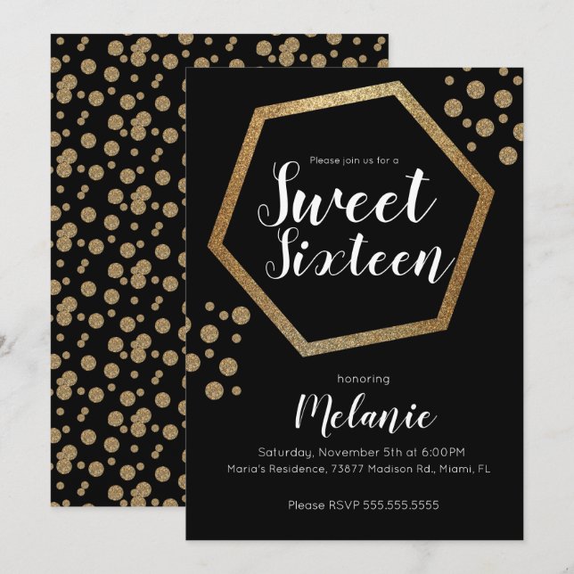 Modern Sweet 16 Glitter Faux Gold Geometric Bars Invitation (Front/Back)