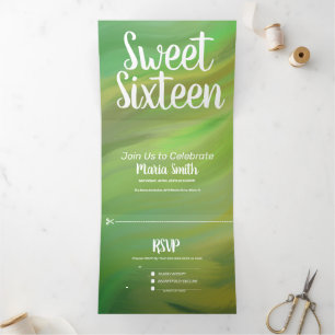Modern Sweet 16 Marble Forest Green Swirls Tri-Fold Invitation