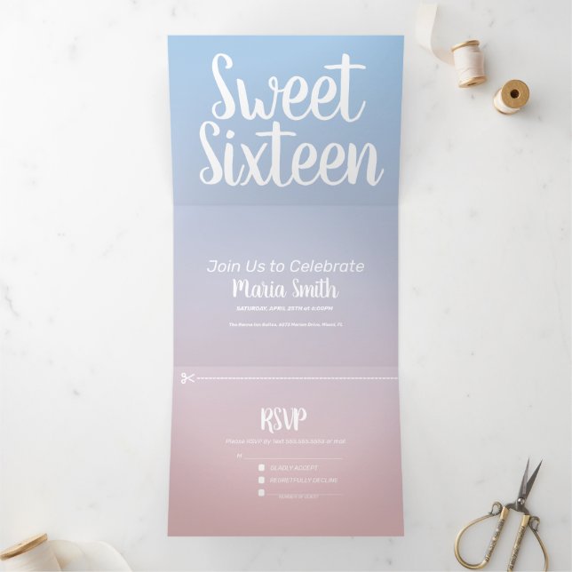 Modern Sweet 16 Pastel Ombre Two Tone Tri-Fold Invitation (Inside)